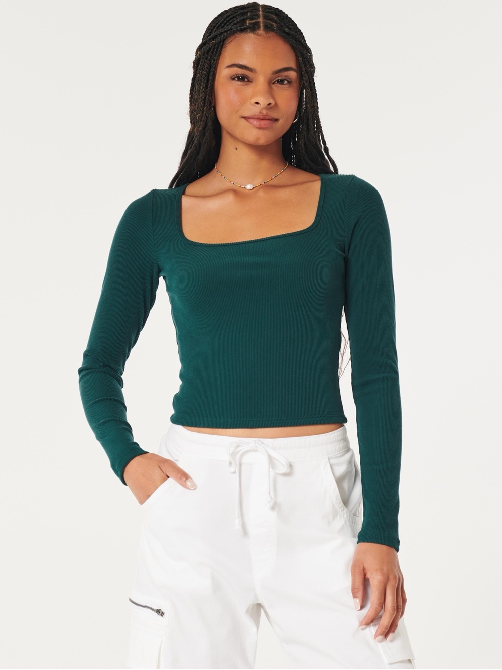 Hollister teal seamless square neck long sleeve crop top L like new